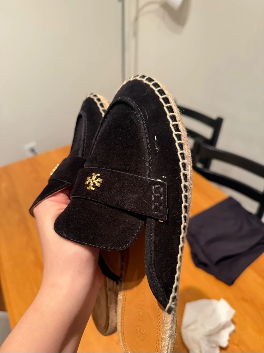 Tory Burch Black Suede Slip-On Mule with Gold Logo